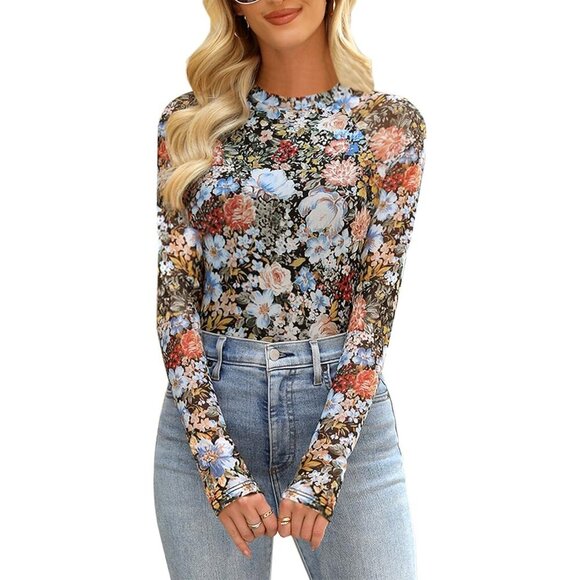 🆕Women Floral MeshTop Multicolor Polyester Fitted Sexy See-Through Long Sleeve - Picture 2 of 7